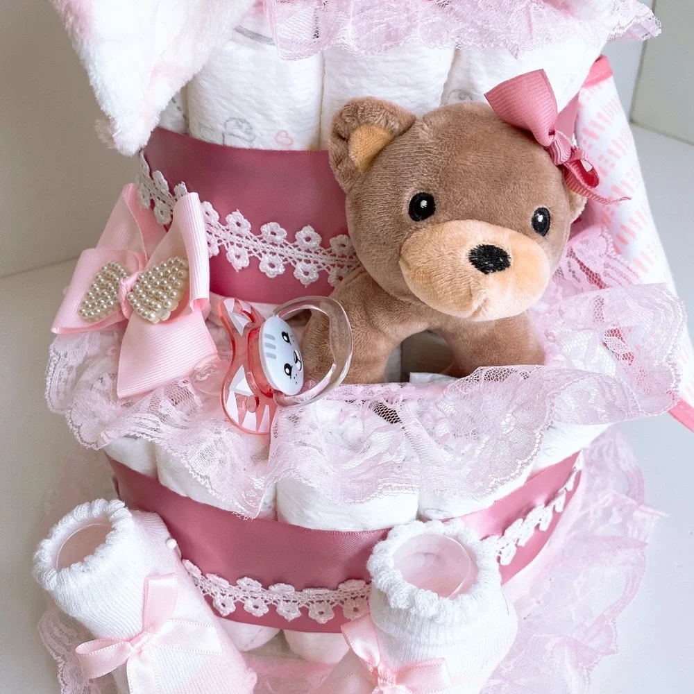 Teddy Bear Girl Diaper Cake